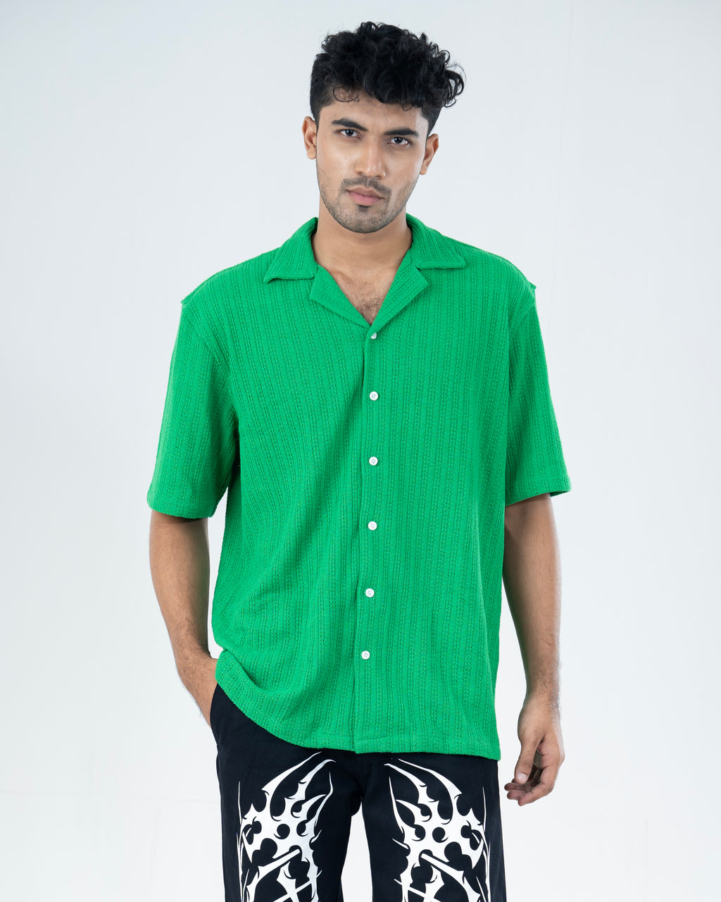 Parrot Green Knitted Cuban Shirt