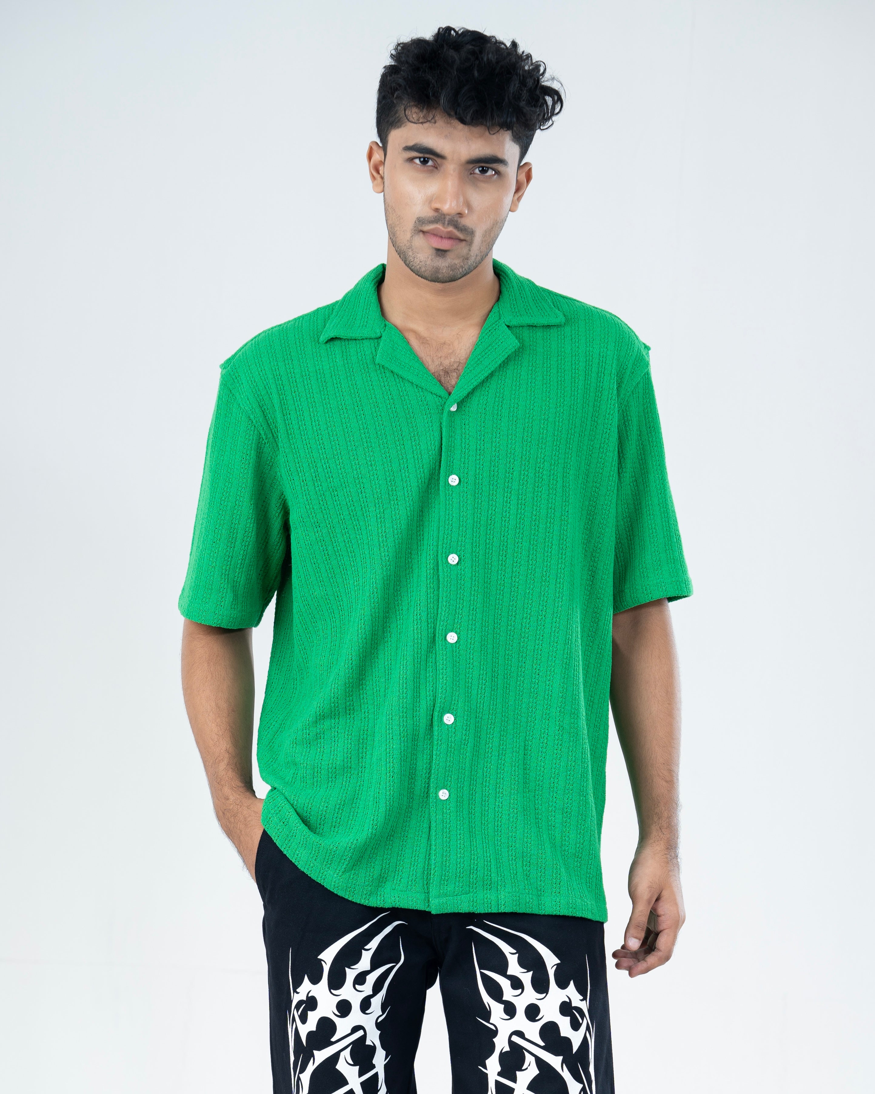 Parrot Green Knitted Cuban Shirt