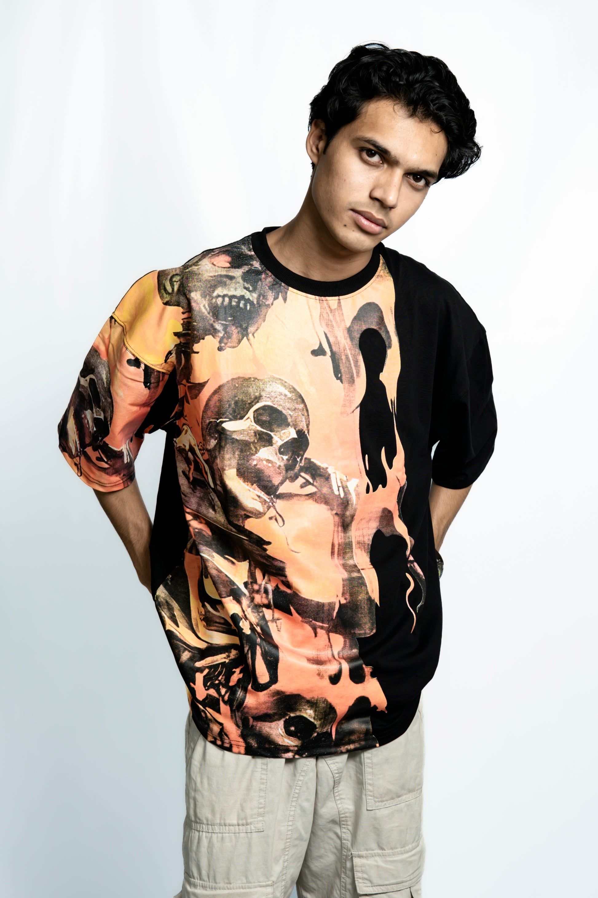 Orange Skull Drop Shoulder T-Shirt