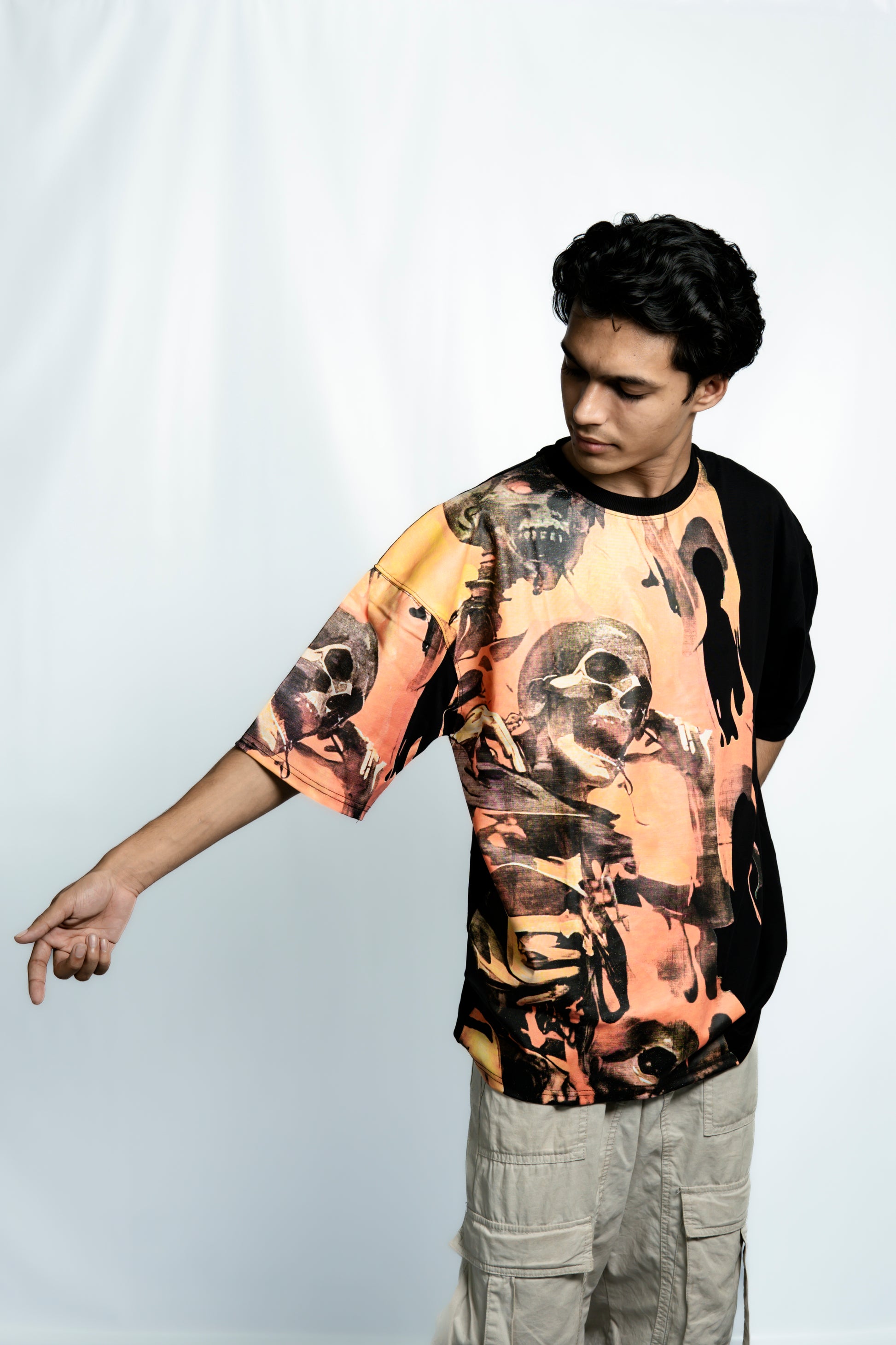 Orange Skull Drop Shoulder T-Shirt