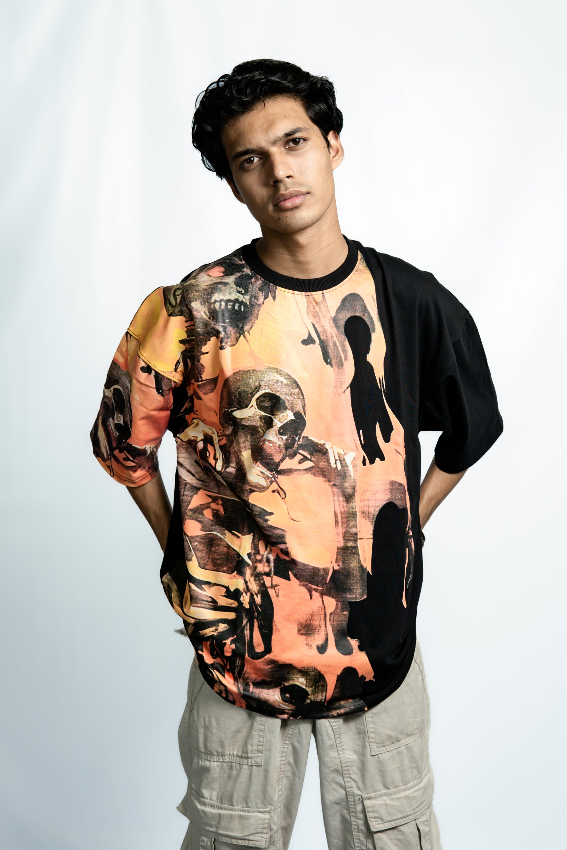 Orange Skull Drop Shoulder T-Shirt