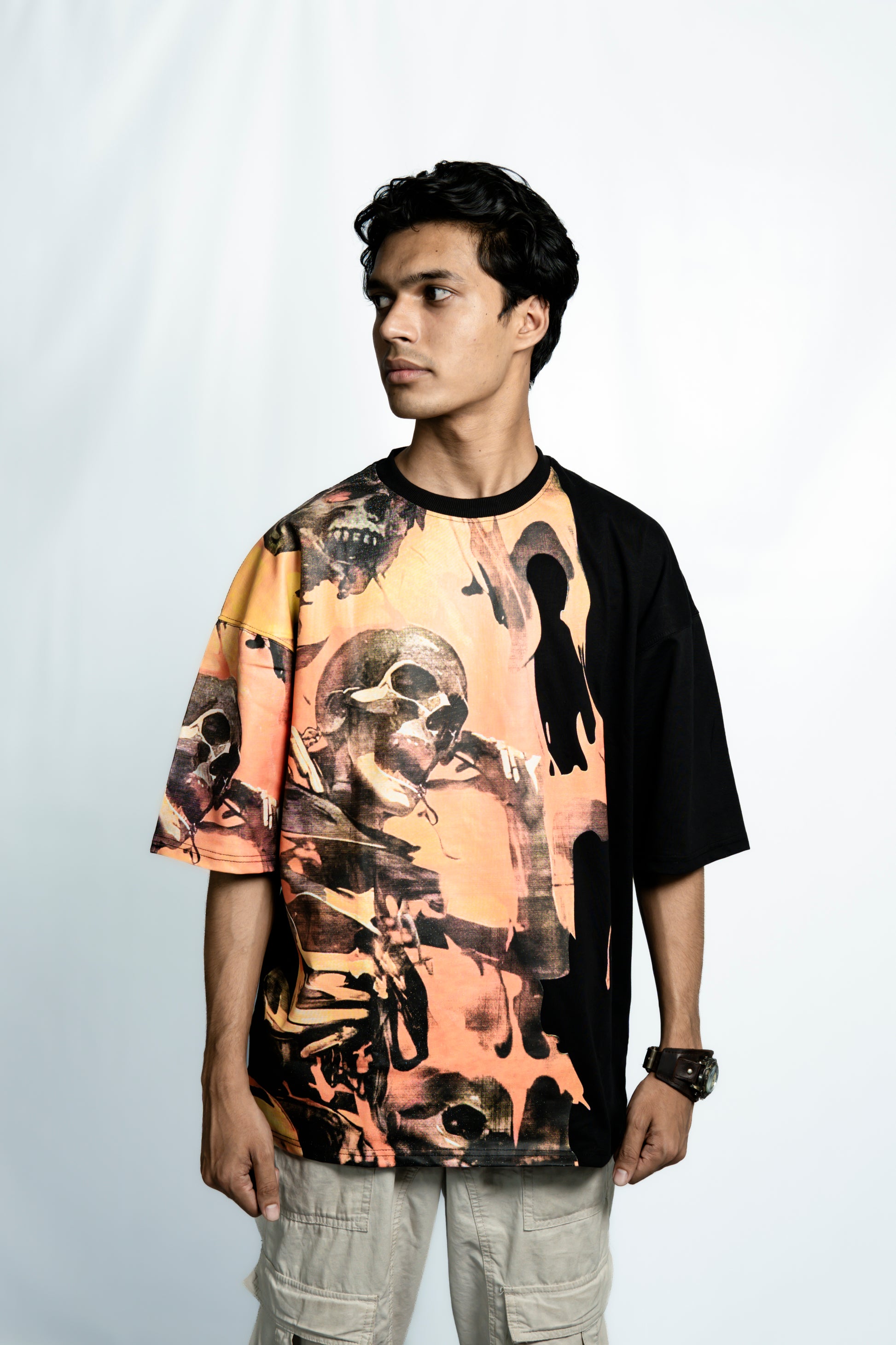 Orange Skull Drop Shoulder T-Shirt