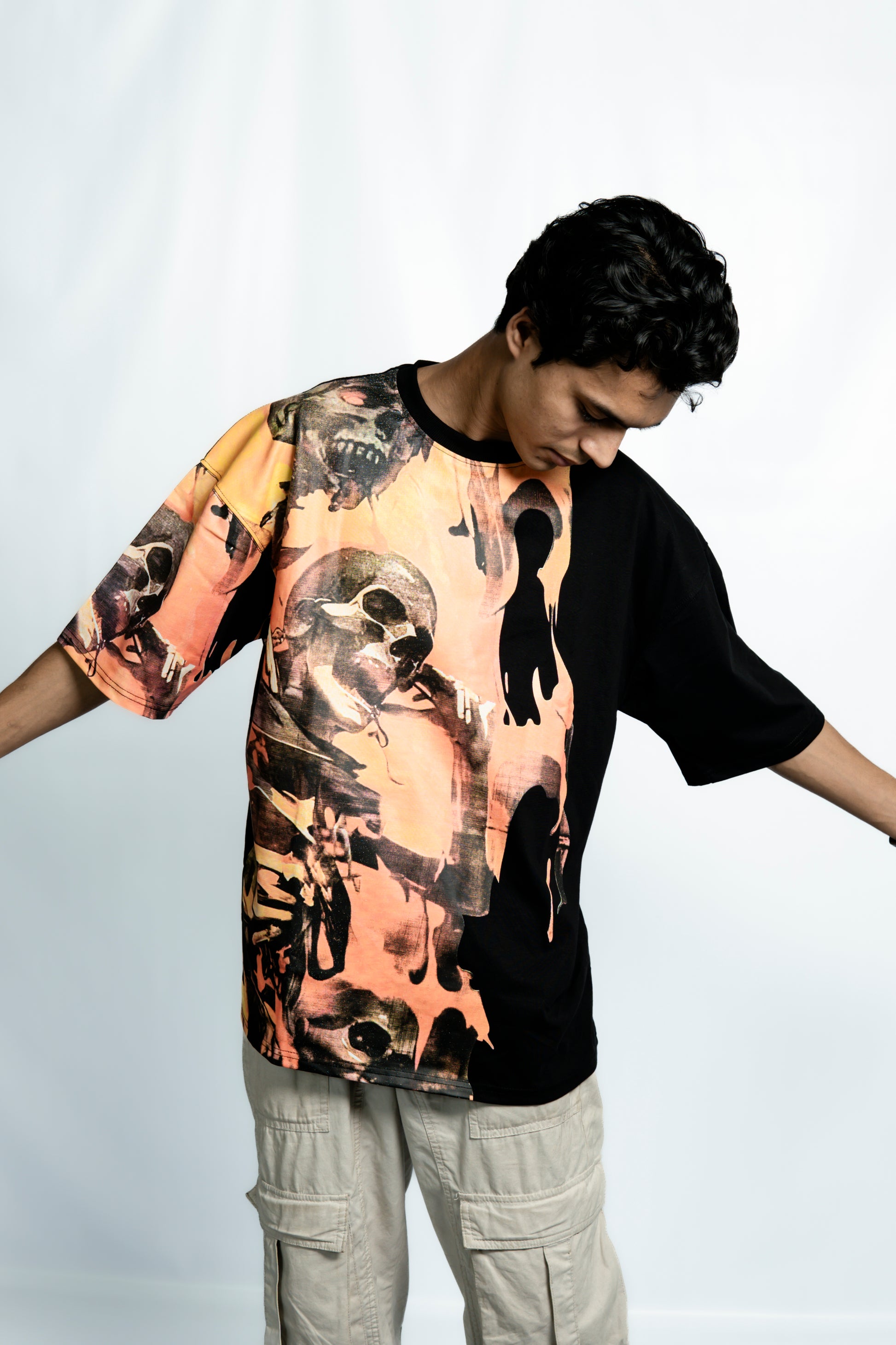 Orange Skull Drop Shoulder T-Shirt