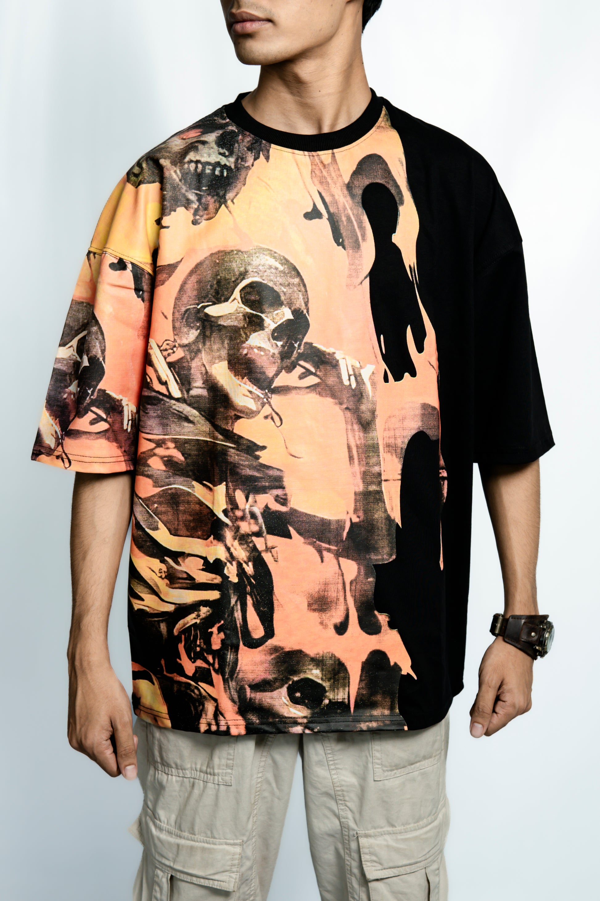Orange Skull Drop Shoulder T-Shirt